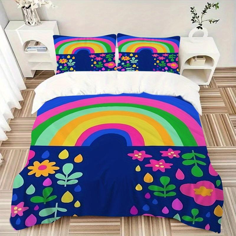 3pcs Rainbow Flowers Bedding Set, Breathable And Soft, Suitable for All Seasons Machine Washable, Suitable for Bedroom Decoration,yy250822138
