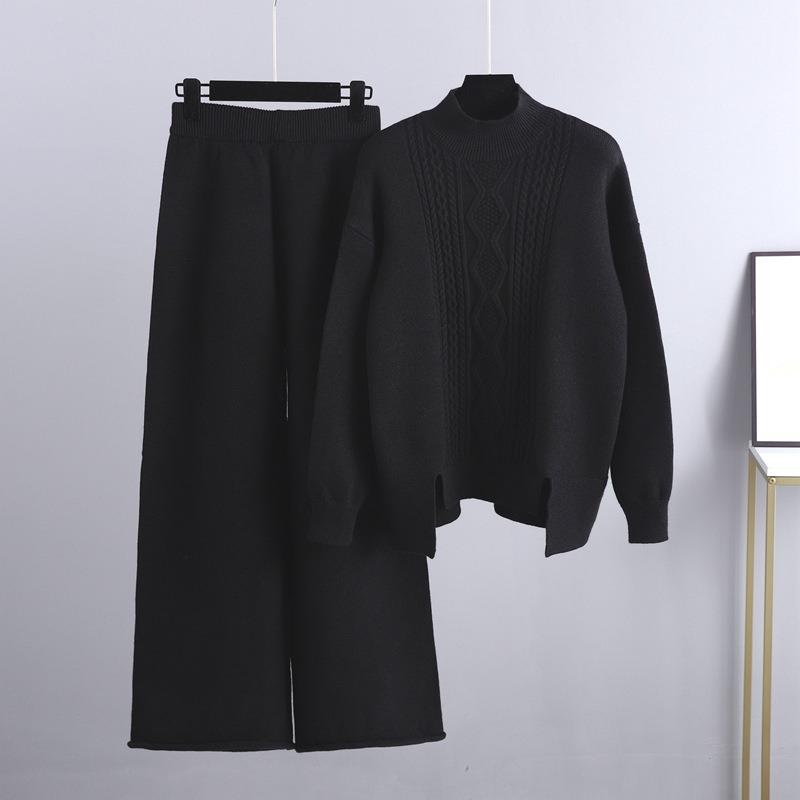 Autumn and Winter New Thin Knitted Suit Women's Thickened Loose Turtleneck Sweater Wide-leg Pants Two-piece Set Trendy Fashion