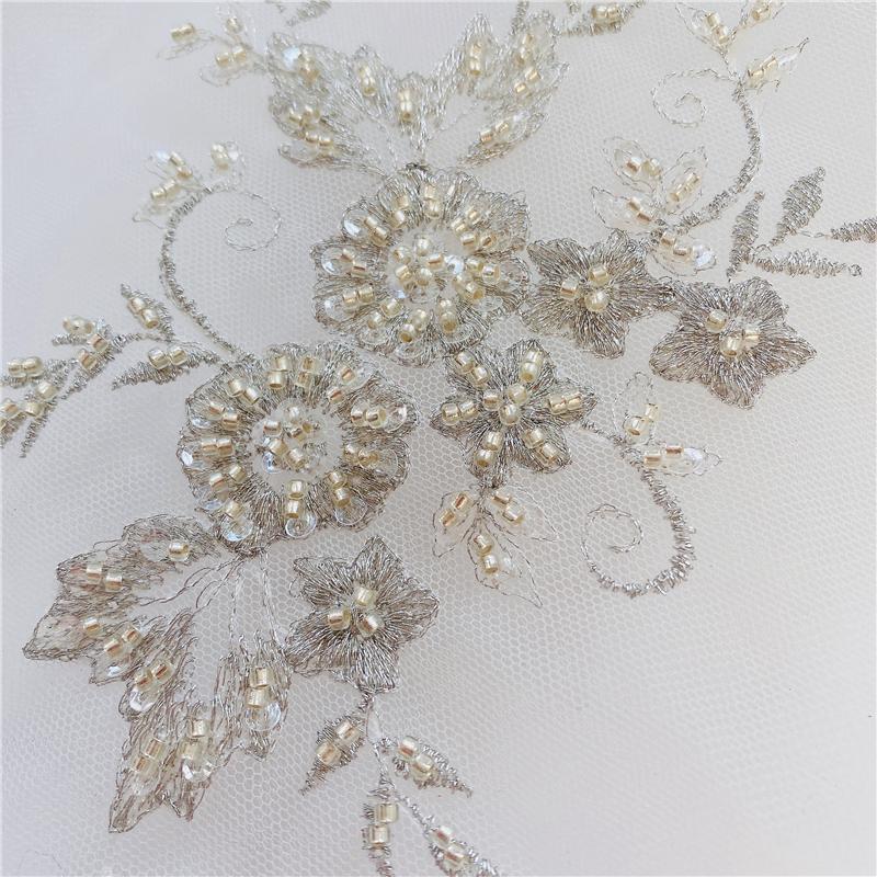 1Pcs Golden Silver Lace Applique Beads Neckline Collar Appliques Embroidery Lace Trim Fabric Cloth Sewing Patchwork