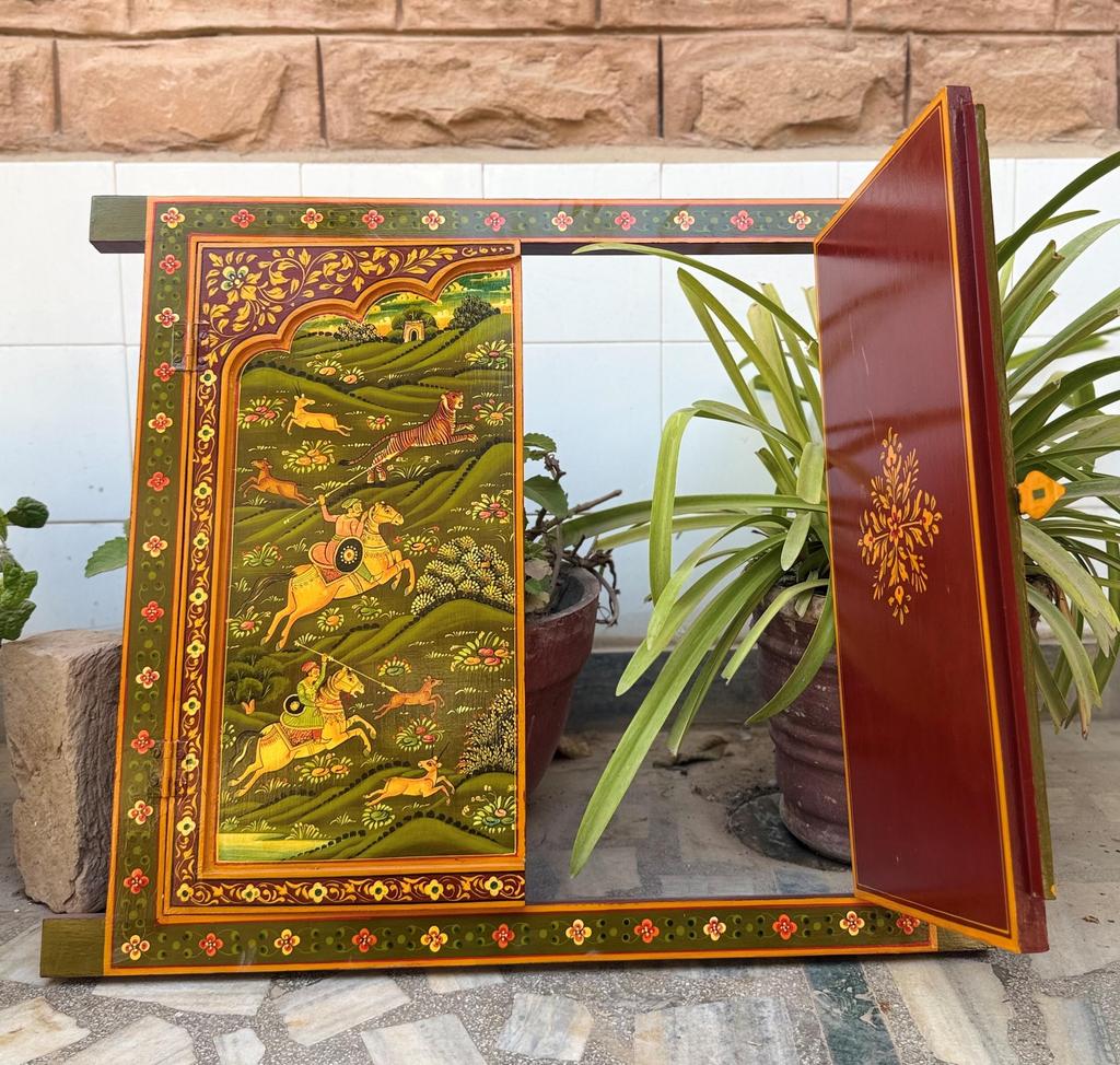 Handmade Wooden Jharokha Wall Hanging: Royal Hunting Scene, Festival Decor Frame