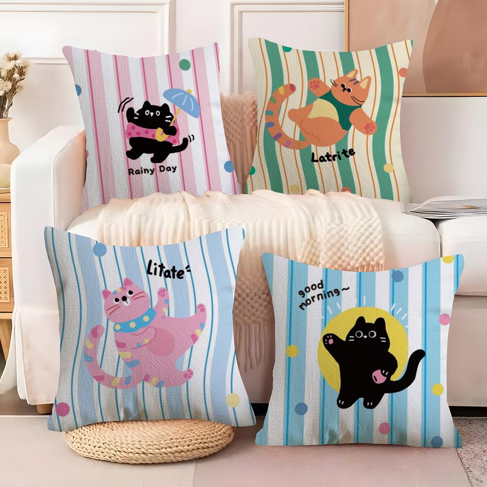 Kawaii Cute Cat Cushion Cover Natural Linen Organic Fabric DoubleSided Printing Sofa Home Decor Breathable Bed Pillow