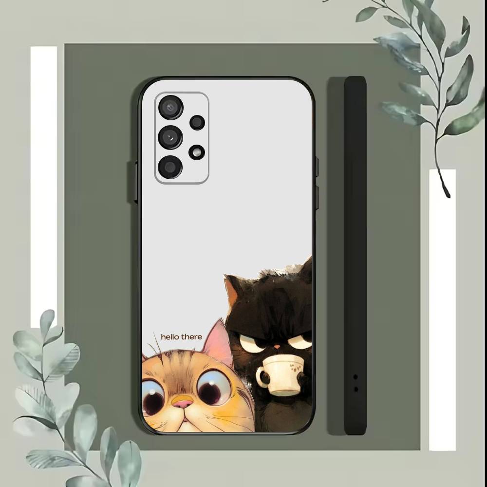 Urocza Popularna Kawa Kot Kreskówka Etui na Telefon Dla Samsung S25,S24,S21,S22,S23,S30,Ultra,S20,Plus,Fe,Lite,5G Czarne Pokrowiec