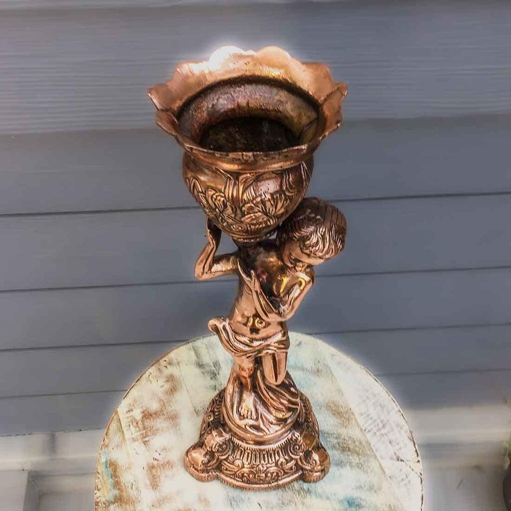 Handcrafted Metal Corner Vase On Big Boy's Shoulder, 18 Inch, Brown