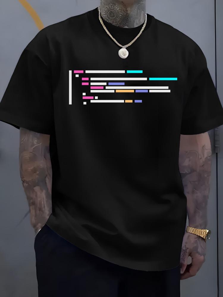 Unisex Black Cotton Crew Neck Tee Minimal Color Code Block Lines Graphic Loose Short Sleeve Developer Programmer Casual Daily Tops