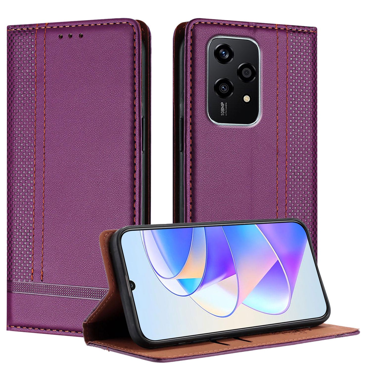 

Чехол для Honor 200 Lite, кожаный чехол-подставка с L-образным сетчатым узором и слотами для карт Purple