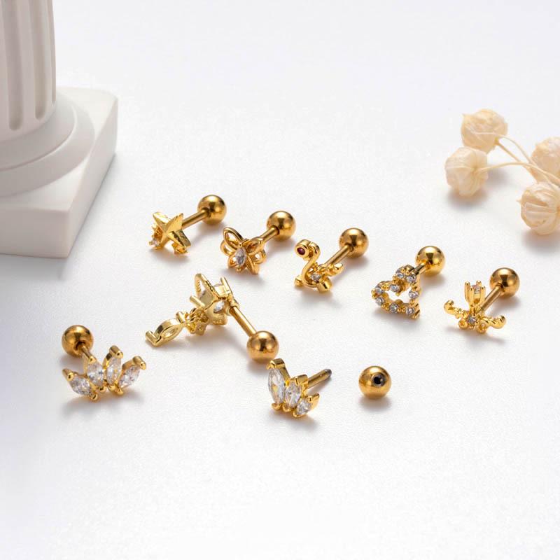 Stainless Steel Heart & Butterfly Zircon Cartilage Stud Earrings