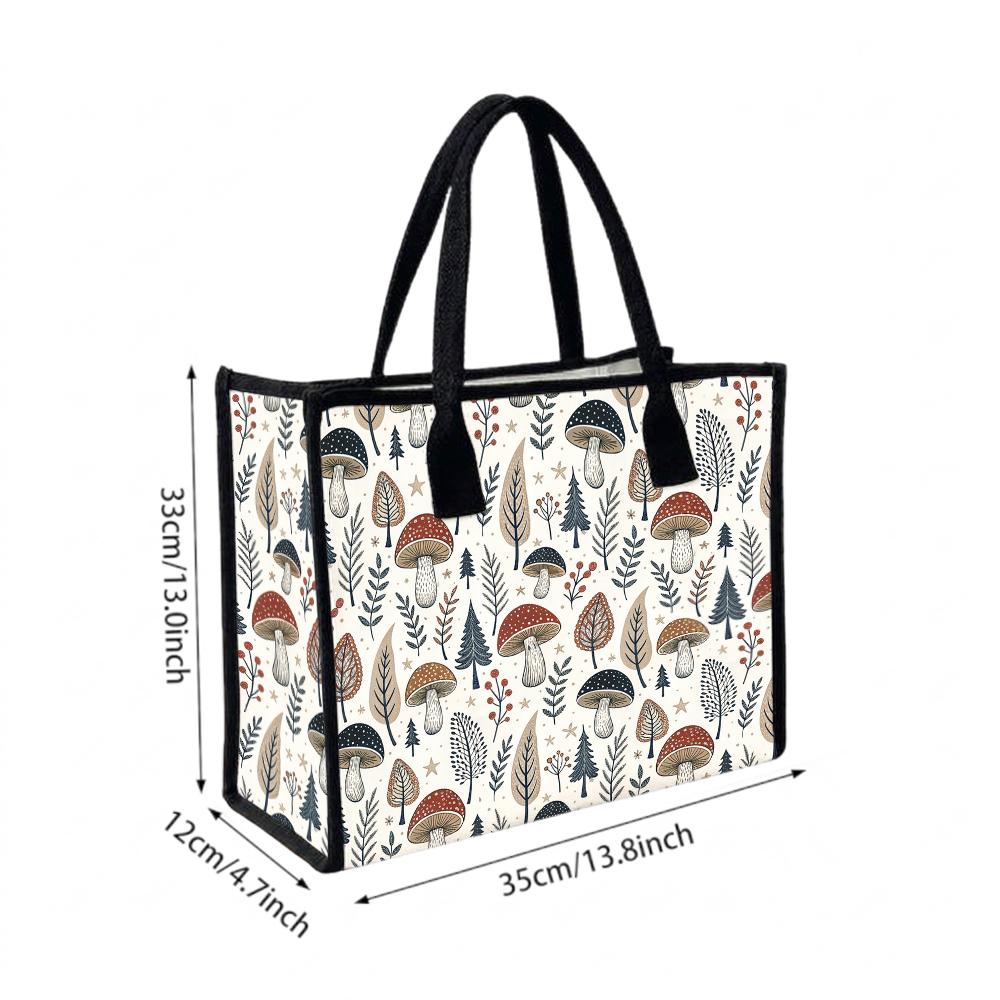 Cute Mushroom Print Casual Tote Bag Lightweight Portable Daily Use Shopping Shoulder Handbag For Women