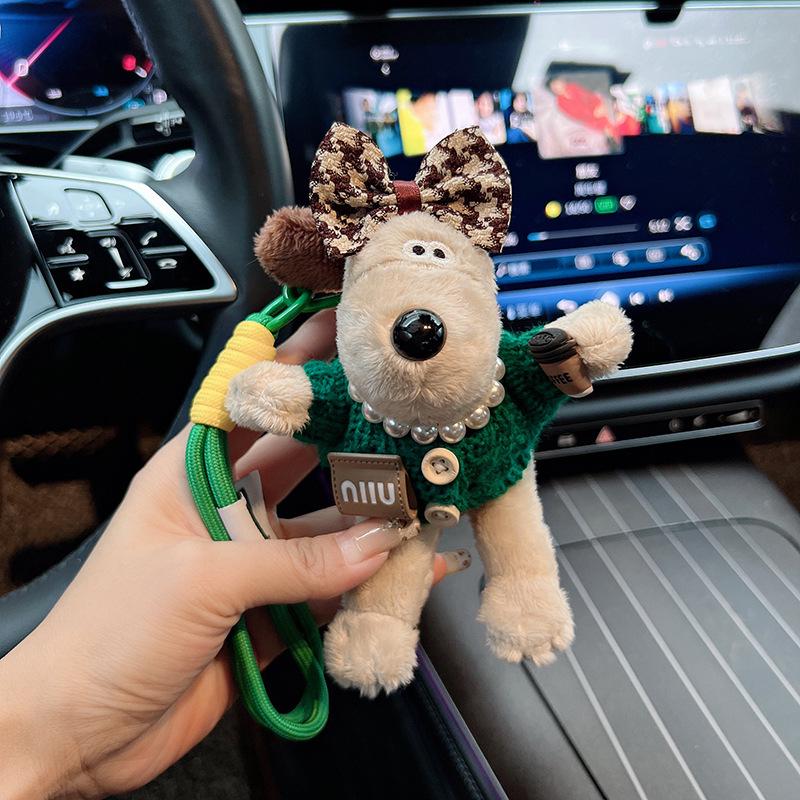 Plush Cartoon Chef Dog Keychain with Bow Tie – Cute Knitted Sweater Design Doll for Bags and Cars