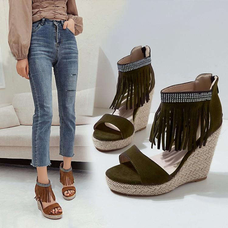 European and American Foreign Trade Sexy Rhinestone Fringed Fashion Slope Heel Sandals Women's Thin Heel Hollow Roman Shoes Large Size Women's Shoes