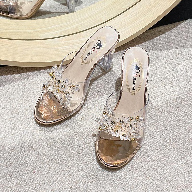 

2025 slope heel sandals women s summer new sexy crystal transparent high heels glass rhinestone slope heel slippers 39 шампанского