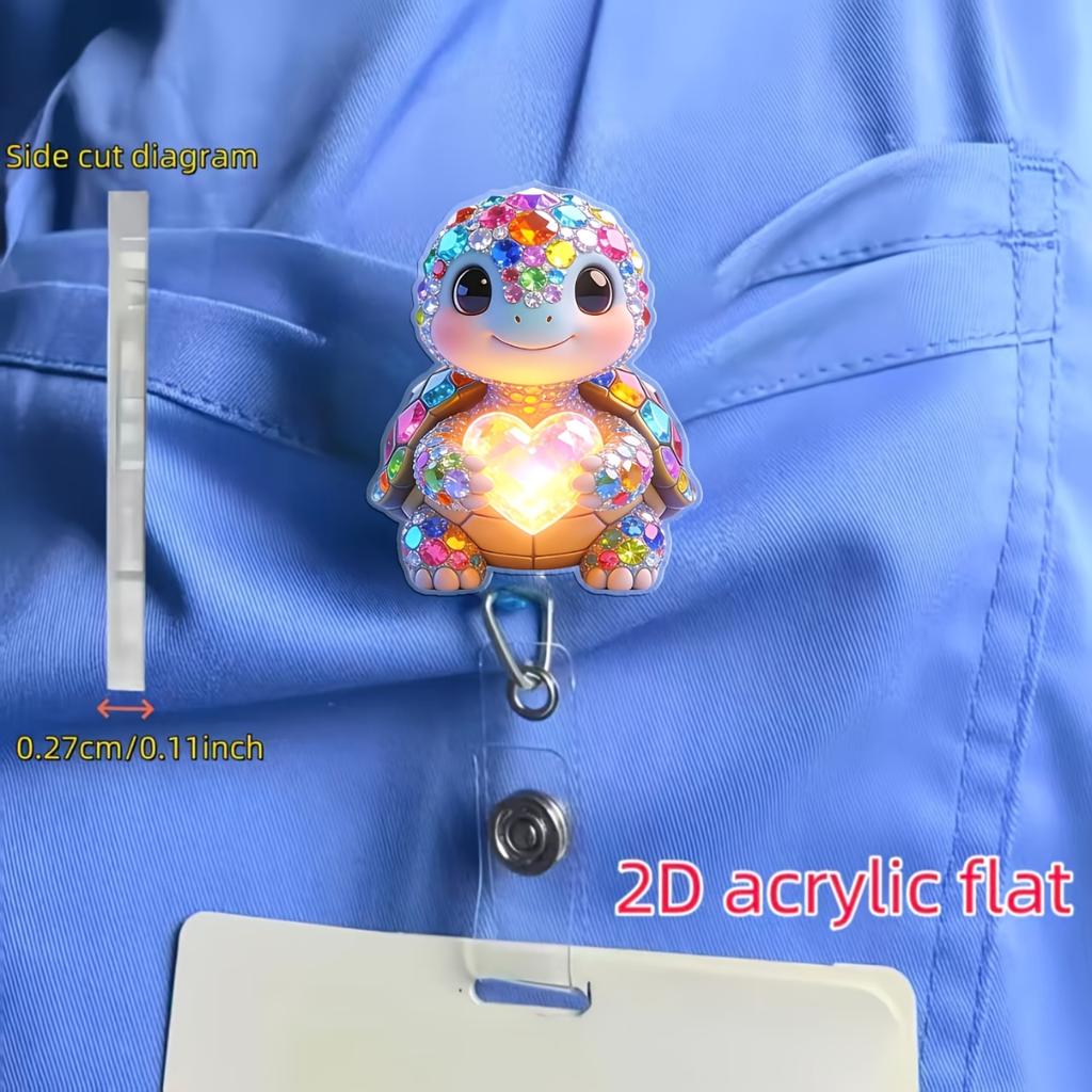 2D Flat Glowing Heart Turtle Retractable Badge Reel, Tough Nylon Cord Easy Open ID Clip,Gift For Nurse Doctor Student Medical Assistant Workplace Team