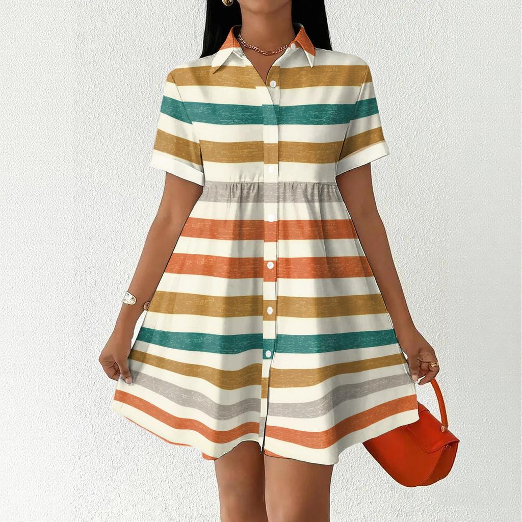 Women Loose Fit Shirt Dress Button Front Stand Collar Short Sleeve Casual Dress with Stripe Print for Daily Wear