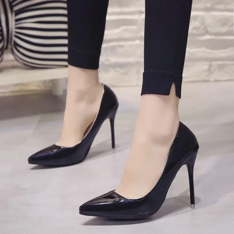 2024 High-Grade Round-Toe PU Summer Heels, Korean Style, 10cm, Black with Red Sole - Women's Fashion