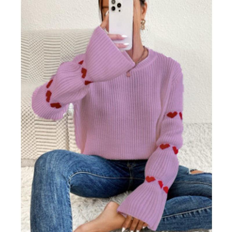 Autumn and winter European and American sweater for women, loose long-sleeve elbow heart pullover crew neck knit top for women