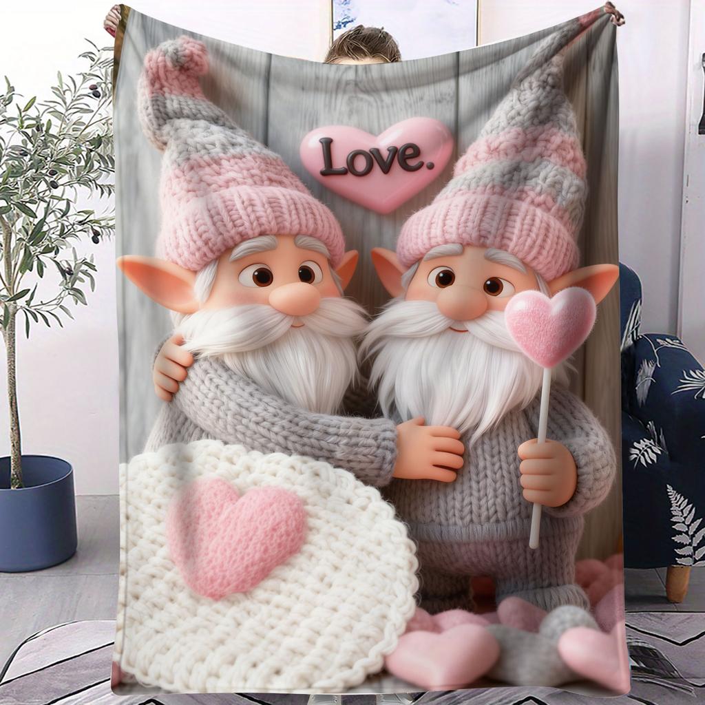 Cute Gnome Couple Flannel Blanket Heart Pattern Warm Throw Lightweight Cozy Cover for Living Room Christmas Valentine's Day Gift