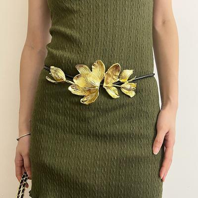 Adjustable Golden Tulip Belt Zinc Zinc Alloy Exaggerated Belt Long Metal Flower Waist Chain  Ornament