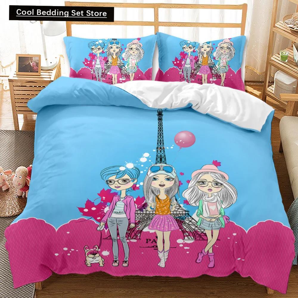 Girl Duvet Cover Set Pink Fashion Girl Sister Flowers Bedding Set Kids Girls Theme Double Queen King Size Polyester Qulit Cover