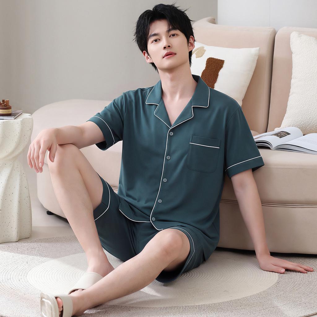 Summer men's pure cotton pajamas short-sleeved five-point pants loungewear men's summer thin plus size suit
