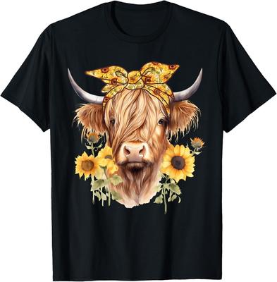 Cute Scottish Highland Cow Wearing Sunflower Bandana Heifer Gift Unisex T-Shirt