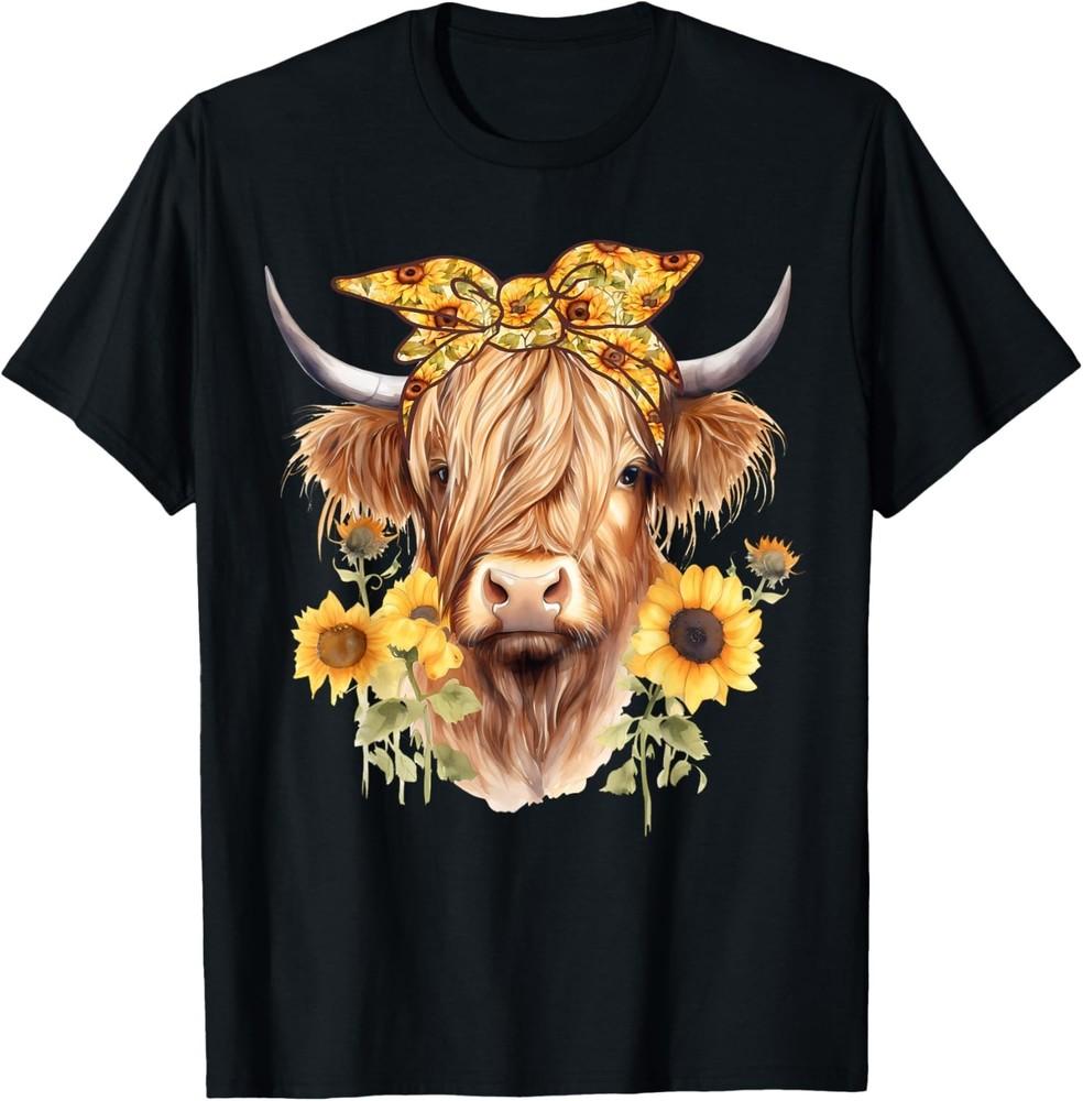

Cute Scottish Highland Cow Wearing Sunflower Bandana Heifer Gift Unisex T-Shirt 4XL