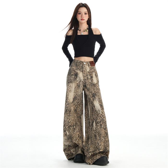 Autumn 2025 Leopard Print High-Waisted Wide-Leg Denim Jeans for Women Extra Large