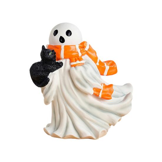 Halloweenská figurka duch Bílý duch držící dýni Kočka Strašidelná pryskyřičná ozdoba Rytá Halloweenská dekorace