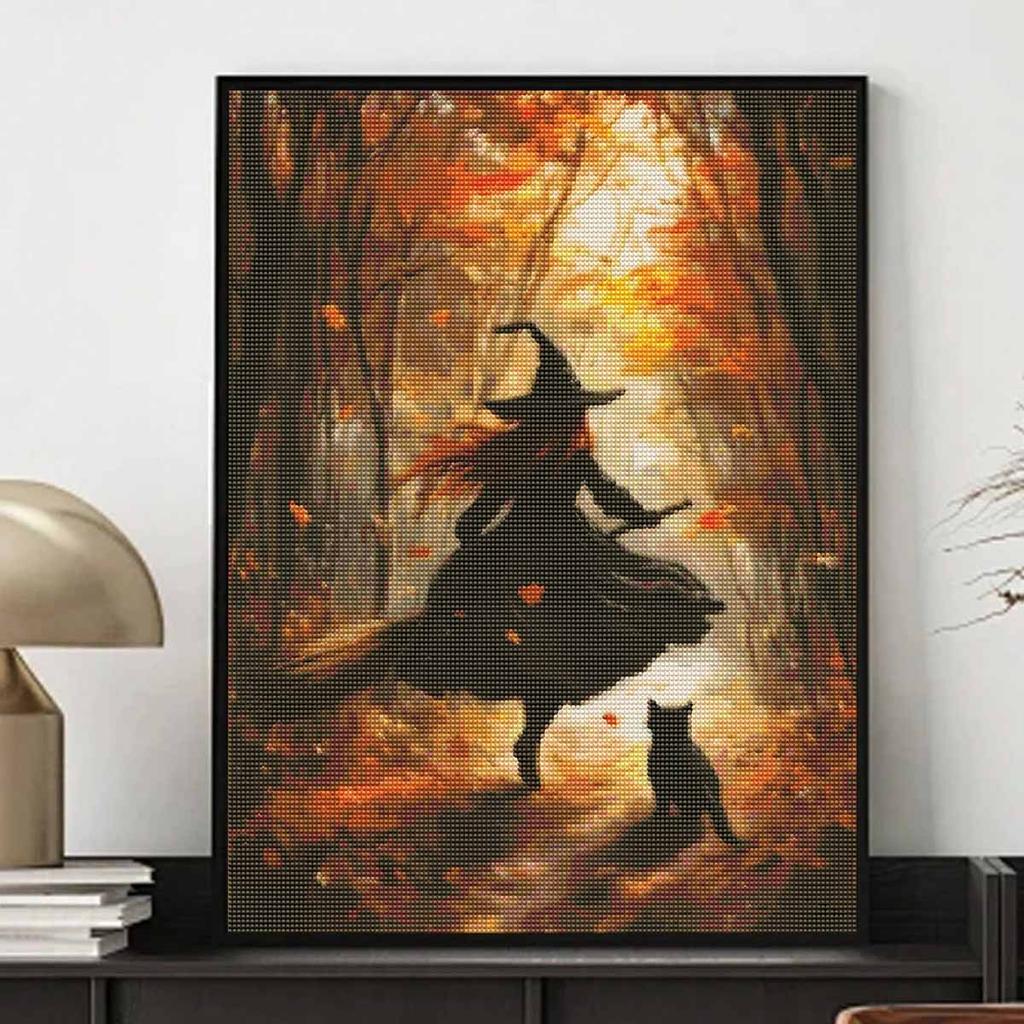 DIY Diamond Painting Kit Autumn Witch and Black Cat Pattern Full Drill Art Canvas Relaxing Creative Craft for Home Wall Decor Gift