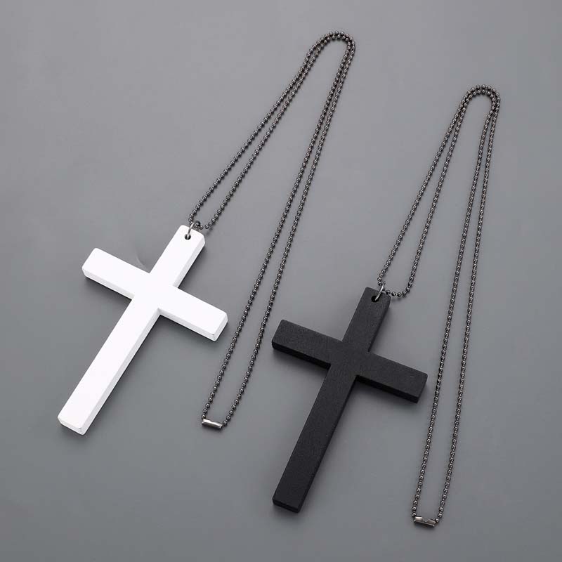 Punk Wood Cross Pendant Necklace for Women Men Vintage Hip Hop Red Big Cross Beaded Sweater Chain Necklace Y2K Halloween Jewelry