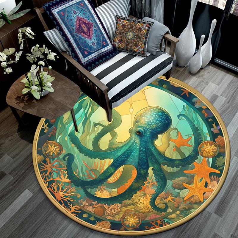 Octopus and Starfish Round Area Rug,Carpet Rug for Living Room Bedroom Sofa Playroom Decor,Non-slip Floor Mat