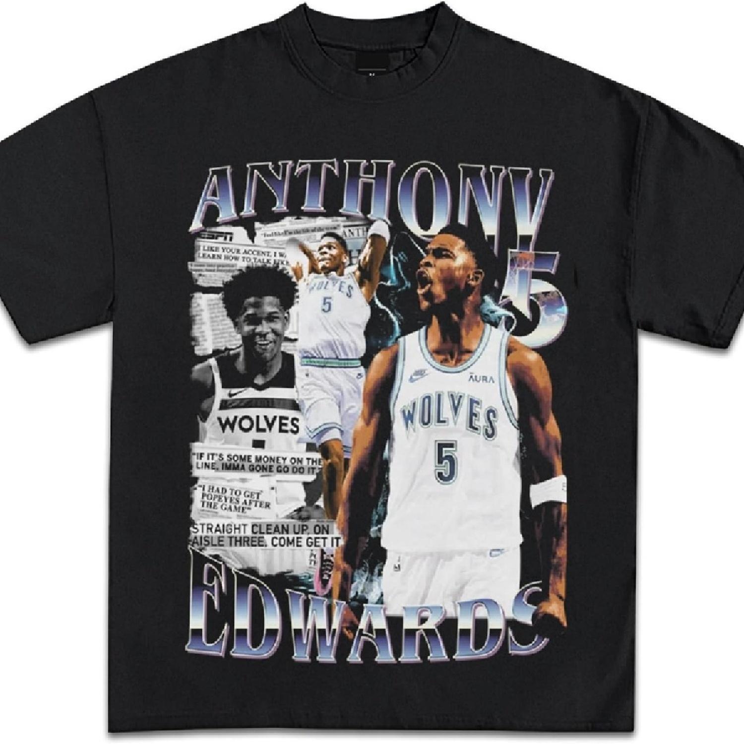 

Anthony Edwards Newspaper Graphic T-Shirt Y2K Vintage Basketball Rap Premium Heavyweight Shirt for Men & Women XXXXXL