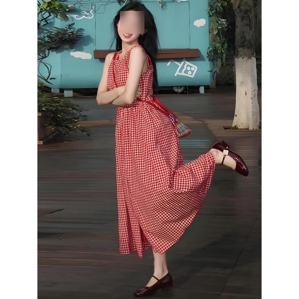 Red plaid sleeveless vest dress new loose single-breasted lazy style long dress women's summer elegance