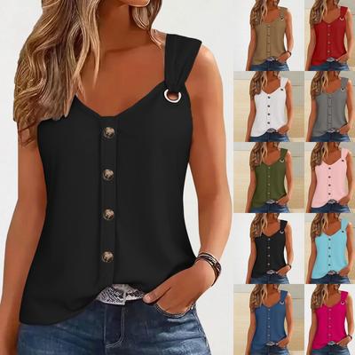Spring Summer Women's Black V Neck Button Detail Cami Top Sleeveless Casual Blouse