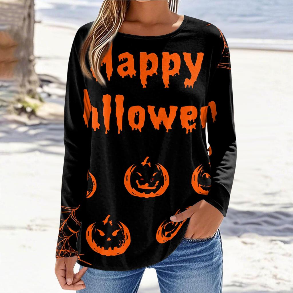 Women's Fashion Casual Long Sleeve Halloween Print Pullover Sweatshirt Crew Neck Top Comfortable Fit Seasonal Style