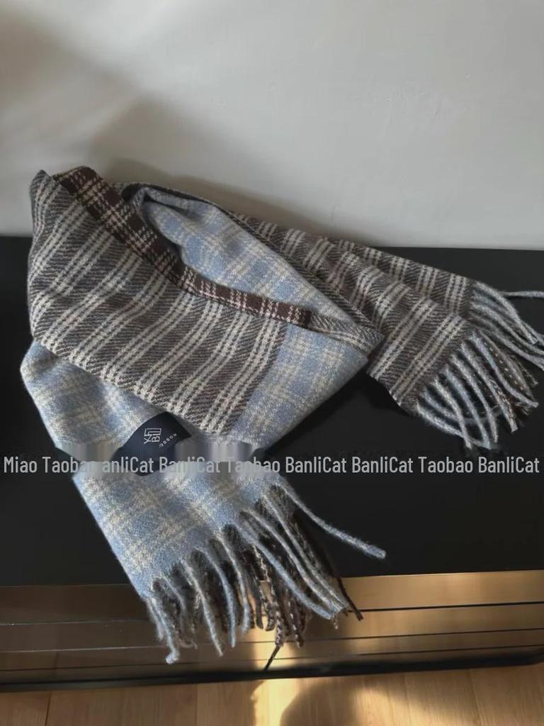 2024 Women's Korean-Style Blue & Brown Plaid Double-Sided Winter Scarf