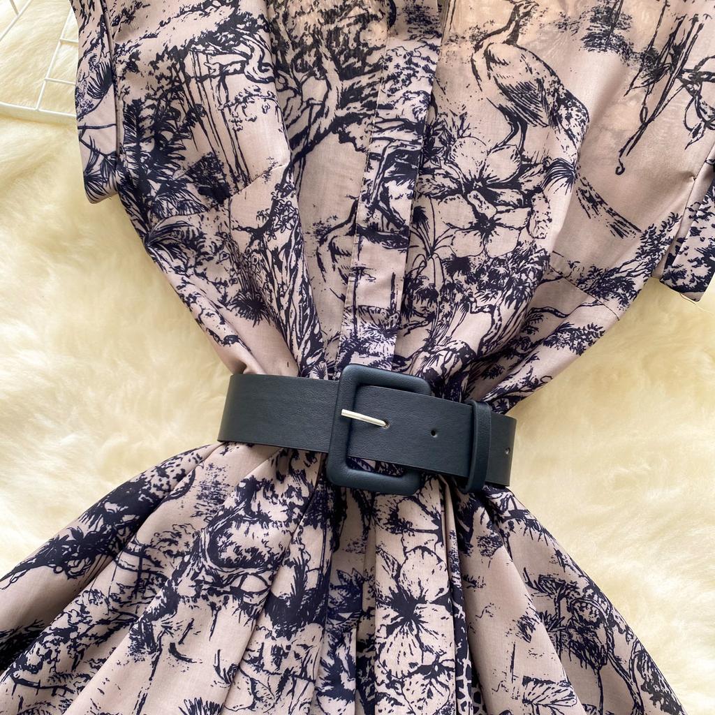 Women's Lapel Collar Vintage Midi Shirt Dress Summer Runway Pleated Short Sleeve Retro Jungle Print Belt Ladies Midi Dresses