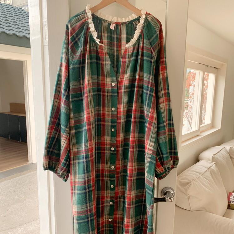 Christmas Green Plaid Long Sleeve Women's Dress and Pajama Set - Comfortable, Loose-Fitting Home Wear for Autumn