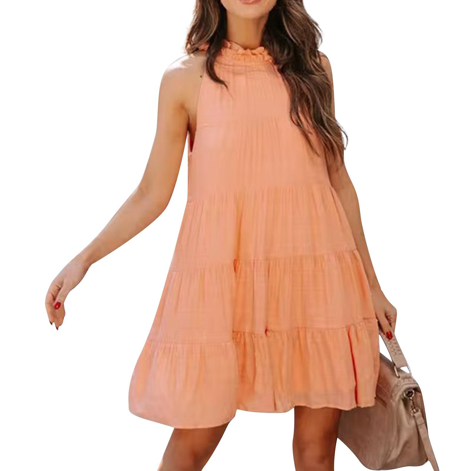 

Женские платья с круглым вырезом, воротником-стойкой из дерева, свободные, без рукавов, плиссированные, с большим подолом, однотонные, трапециевидные платья L оранжевый