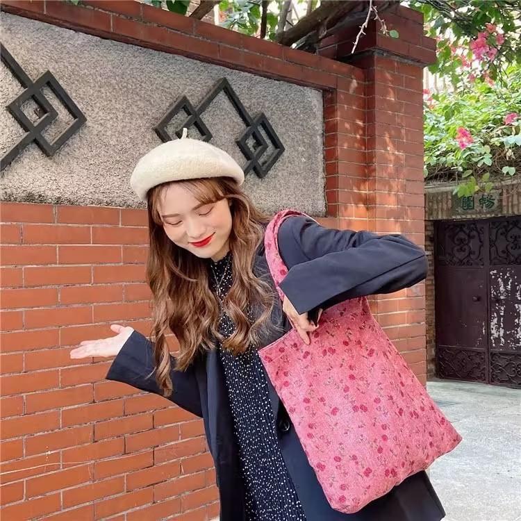 Fashionable Dusty Rose Corduroy Tote Bag With Artistic Design Versatile Large Capacity For Students