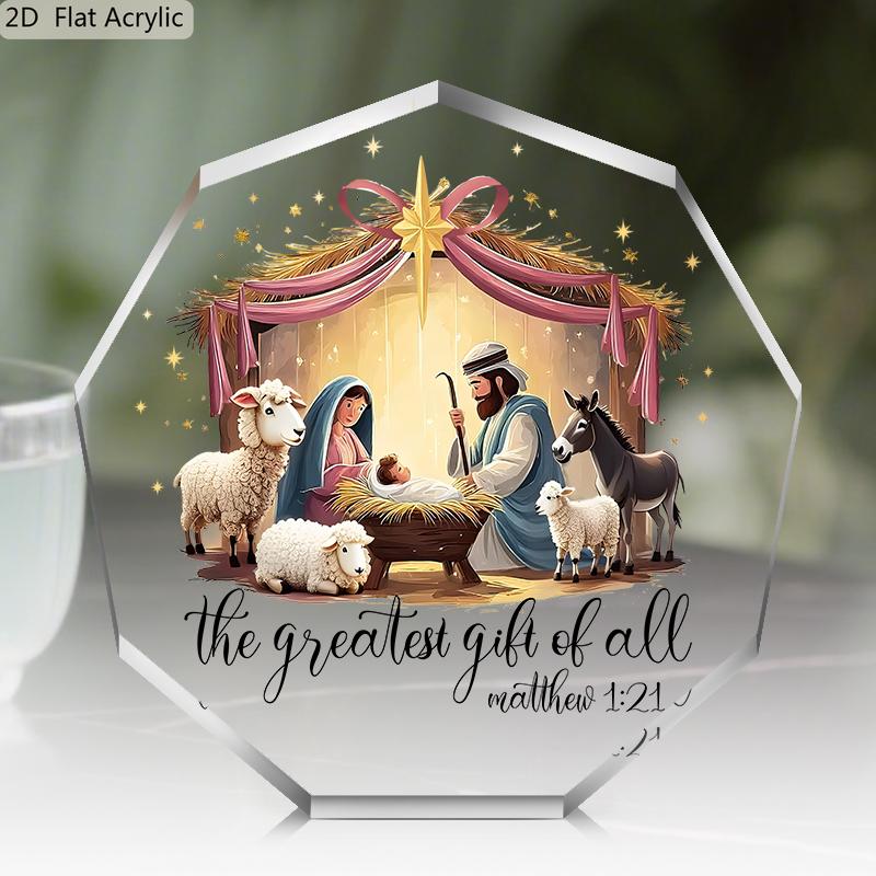 

1pc Vintage Christian Nativity Scene Acrylic Sign - Pink & Golden Christmas Decoration with Mary, Joseph, Sheep & - Indoor/ Outdoor Holiday Decor 10*10cm