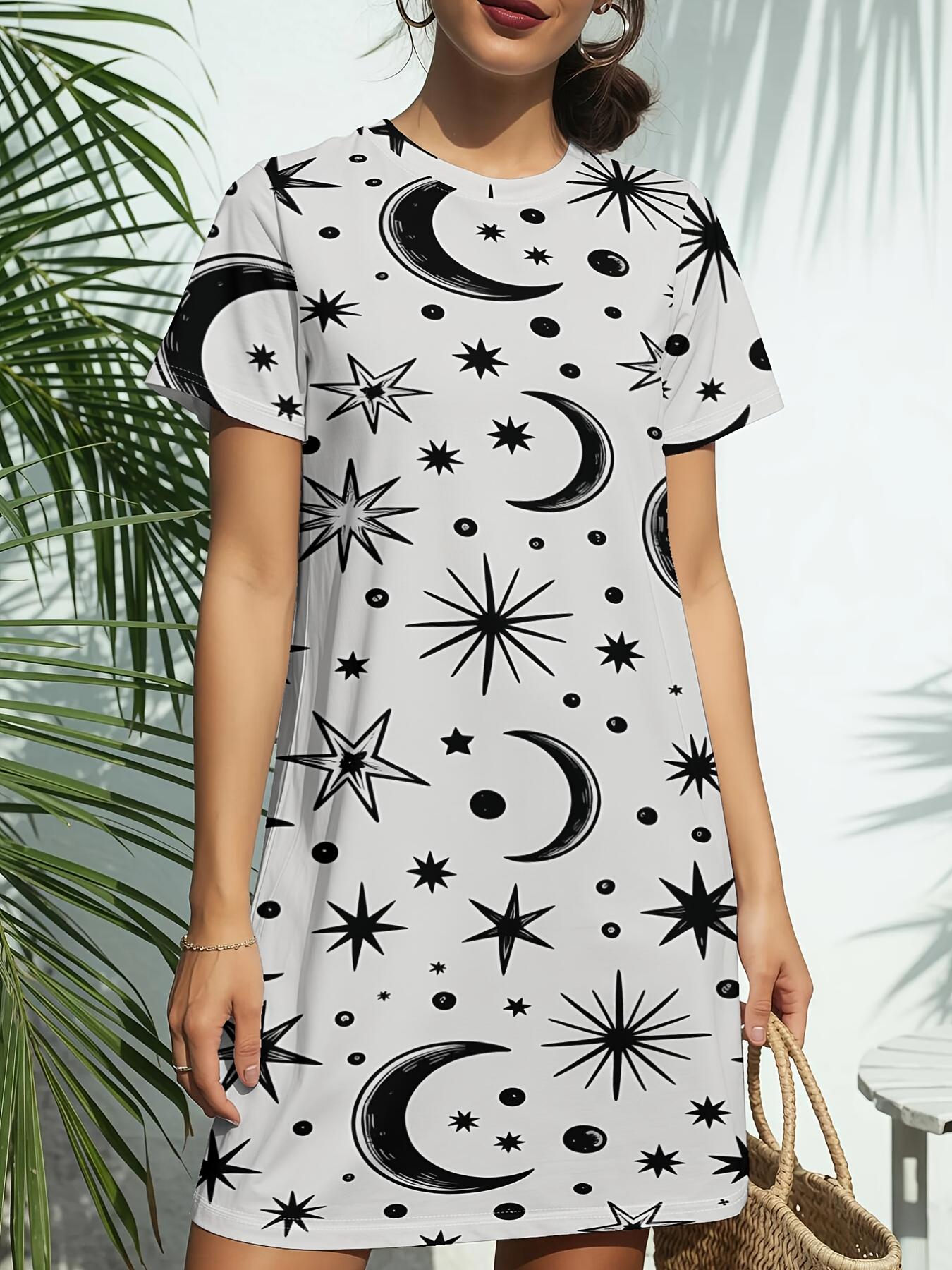 

Star Moon Glow New Arrival Women S Round Neck Short-Sleeve T-Shirt Dress. American Trendy Digital Print. Casual Versatile Style for Spring And Summer. L дубильная кора