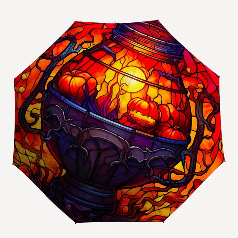 1pc Stained Glass Halloween Pumpkins Auto Open Close Umbrella, Portable 3-Fold Design with 8-Bone Iron Frame, Outdoor Umbrella for Festivals, Travel,