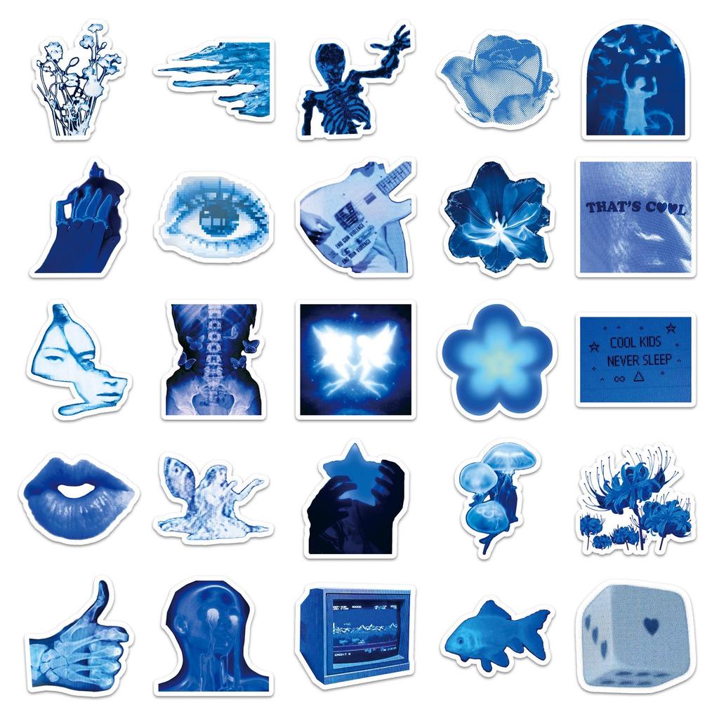 50 Sheets Low-Pixel Blue Creative Ins-Style Cross-Border DIY Stickers for Earphones, Phone Cases, and Scooters