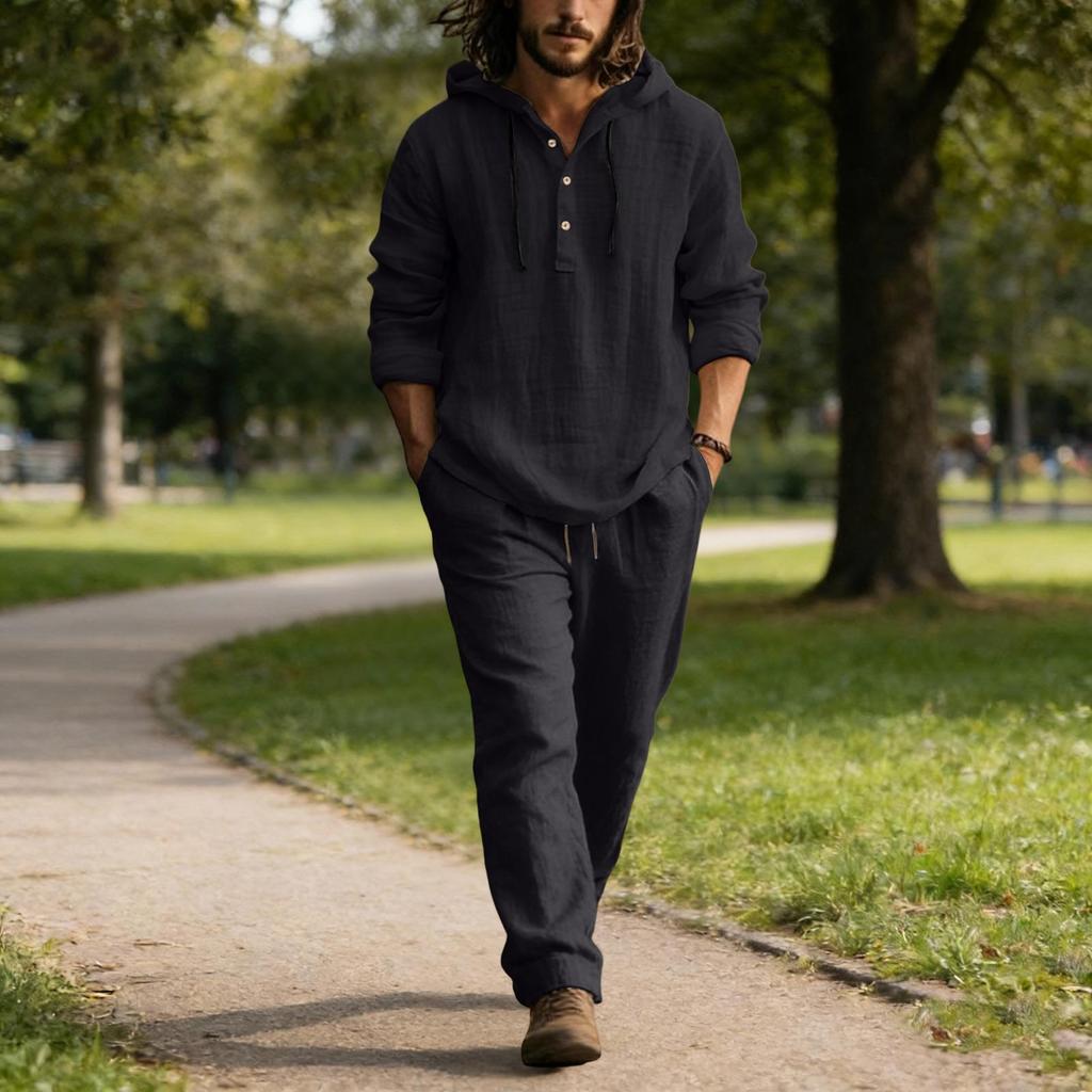 Men's Linen Casual Set - Button  Shirt Elastic Waist Drawstring Loose-Fit Pants Comfortable Two-Piece Set