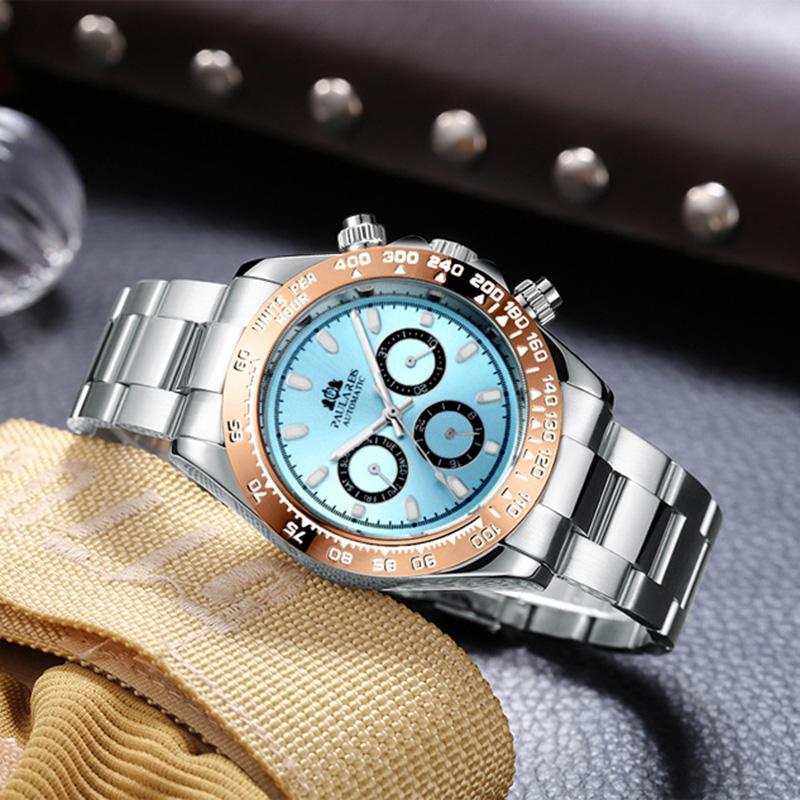 Paulareis Automatic Watches Self Wind Mechanical Gold Stainless Steel Glacier Ice Blue Dial Chestnut Brown Bezel Luminous Men Watch RL01