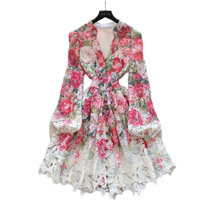 Rochie de primăvară pentru femei cu mâneci felinar imprimate, decolteu în V, ajurată, broderie croșetată și stil elegant