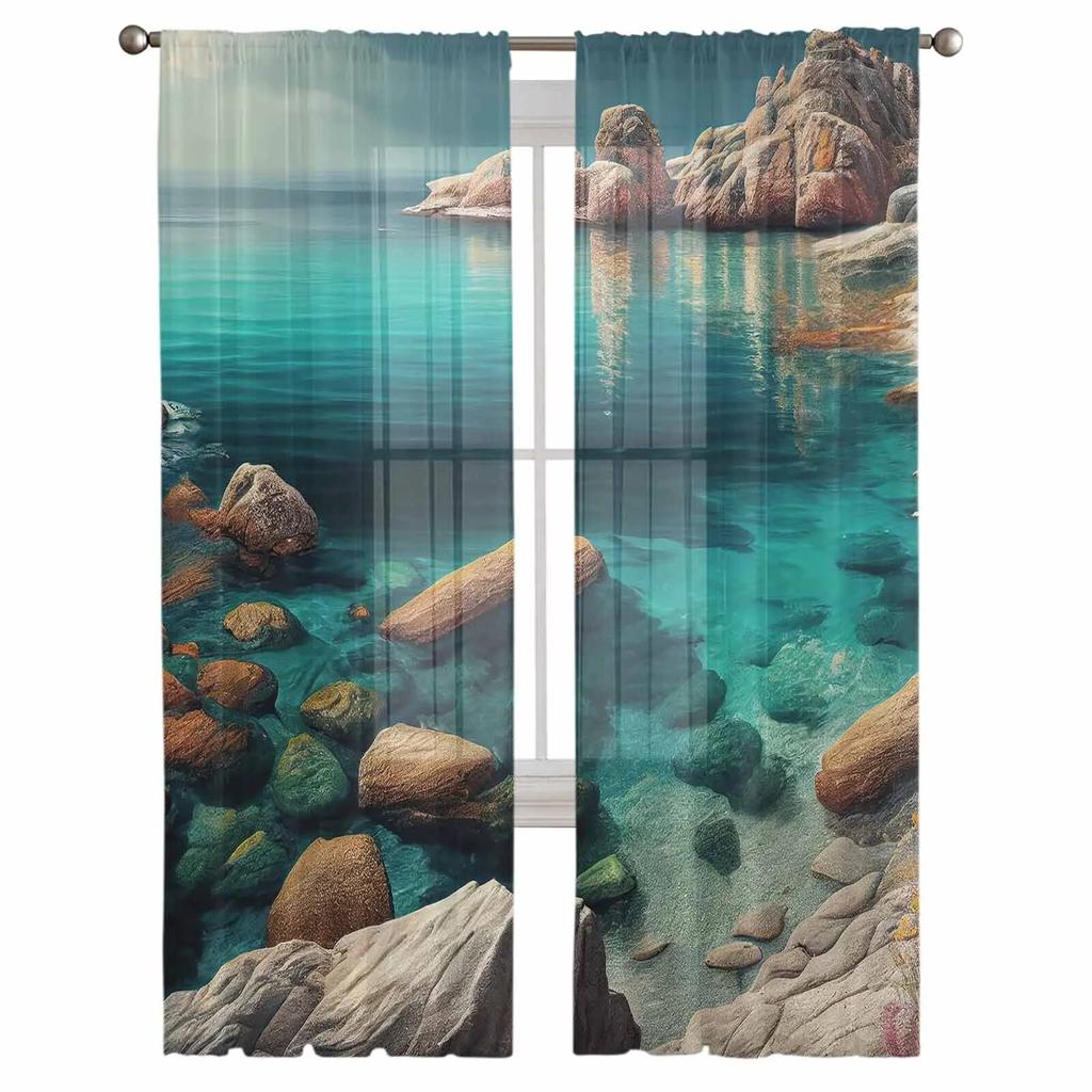 Summer Landscape Ocean Sheer Curtains For Living Room Kitchen Window Curtains Bedroom Tulle Voile Curtains
