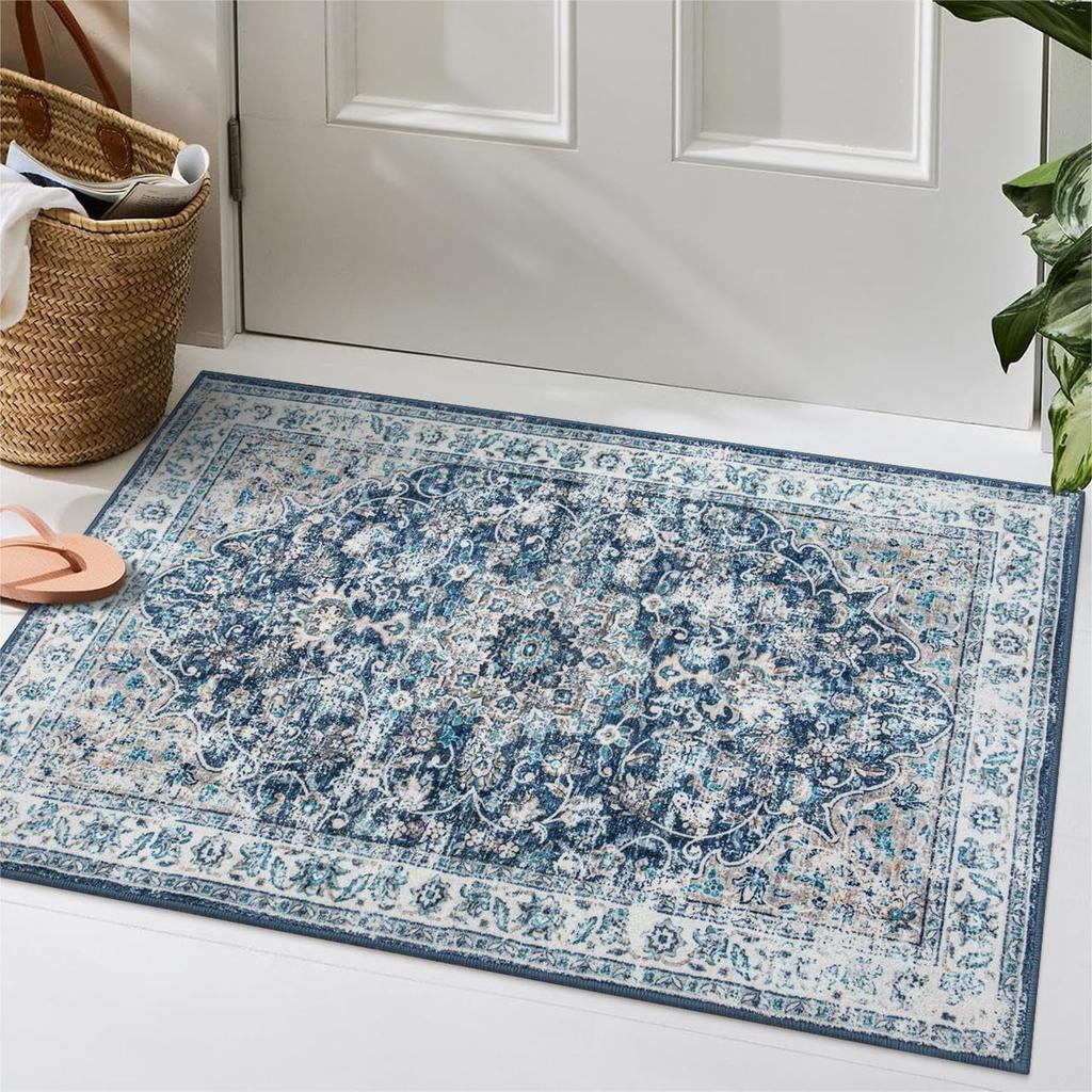 Vintage Indoor Rug for Entryway,Low Pile Washable Area Rug with Non Slip Backing, Small Entry Door Mat for Insides House,