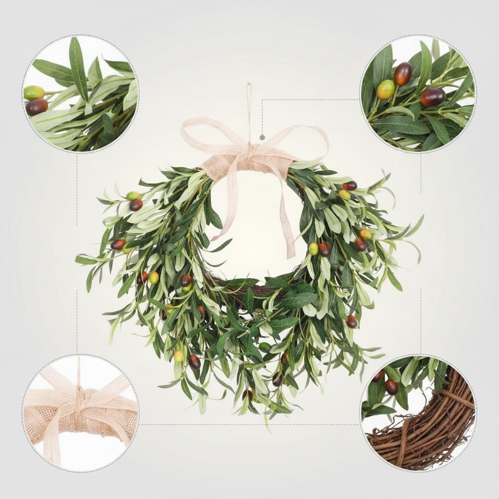 Artificial Olive Leaf and Fruit Wreath for Front Door, Living Room, Outdoor Decor, Christmas