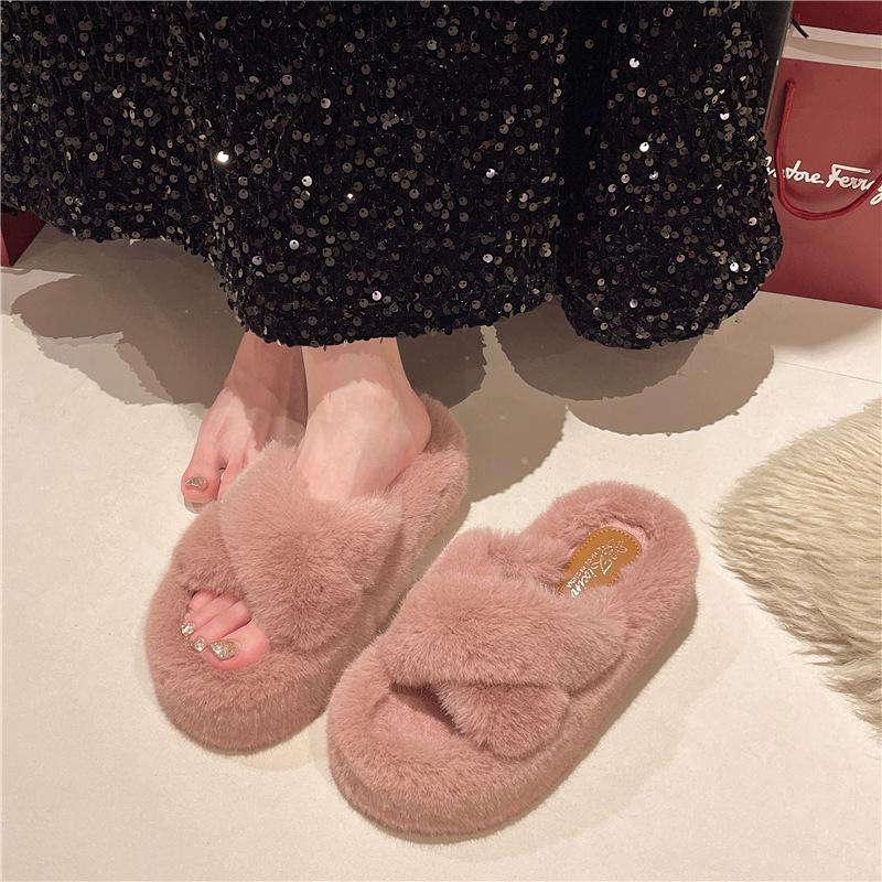 Large Size Thick Bottom Heightened One-word Fluffy Slippers for Women's Outer Wear Fleece Non-slip Versatile 2025 Spring and Autumn New Cotton Mop
