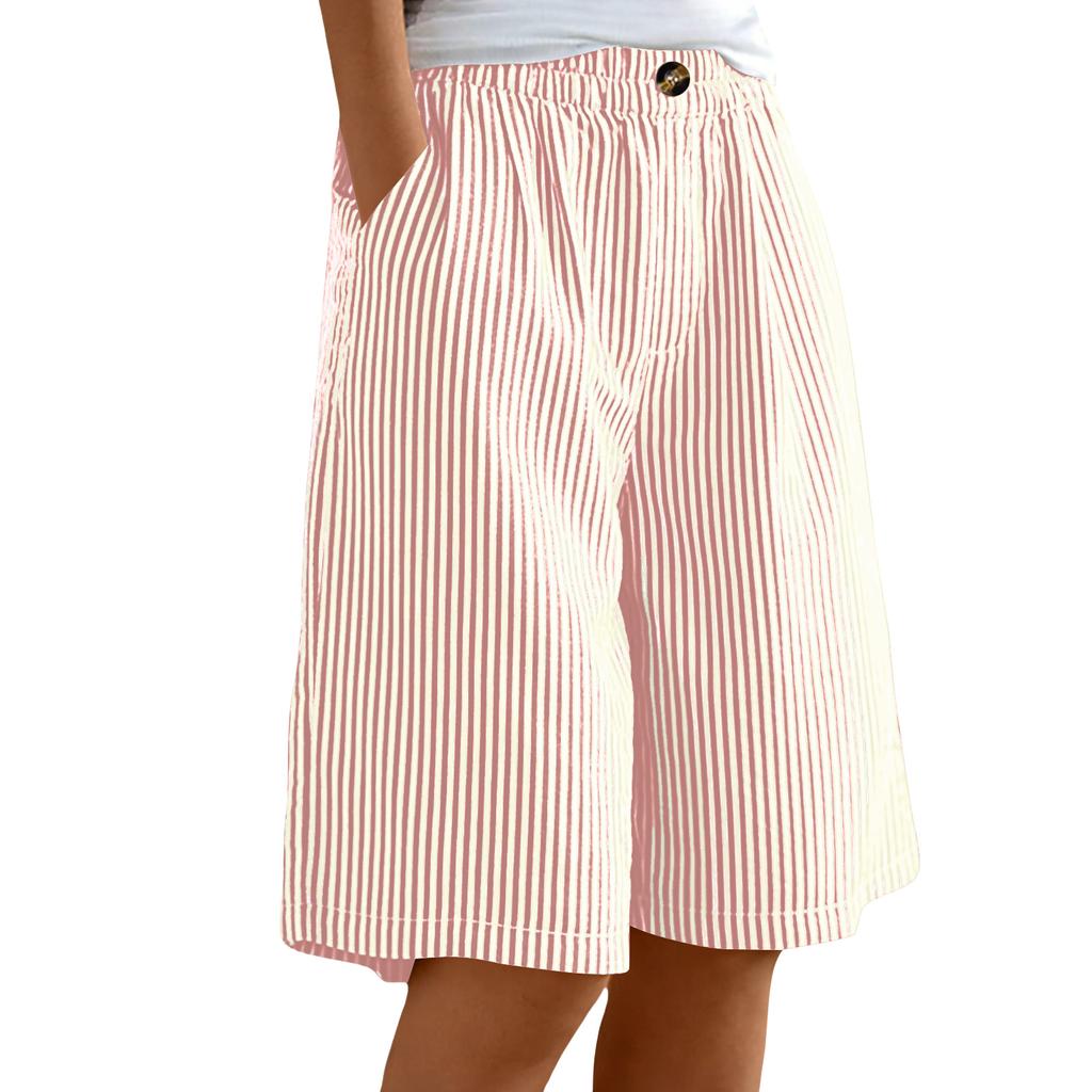 Women's Casual Comfortable Striped Button Pocket Summer Shorts